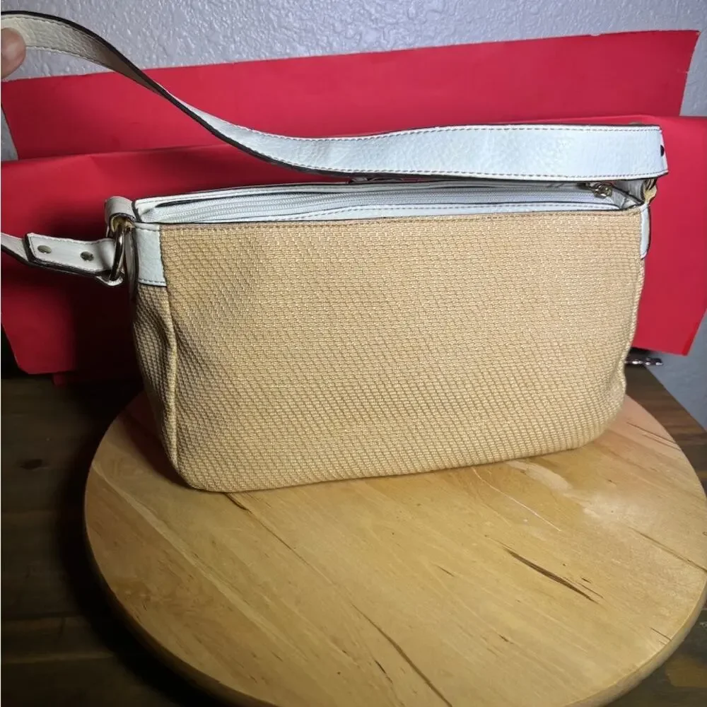 Etienne Aigner White and Tan Textile Woven Shoulder Bag